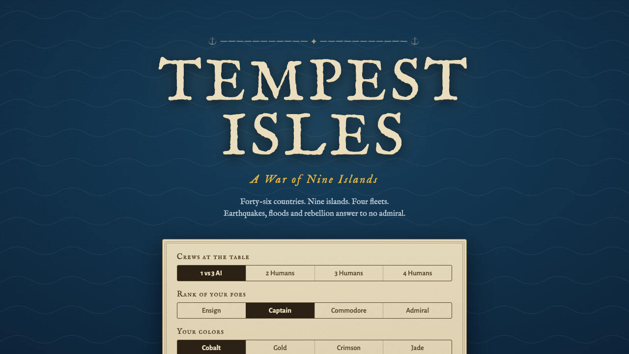 The Tempest Isles title screen with game setup options