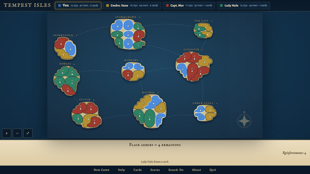 The opening map, with the player's countries highlighted for placing armies