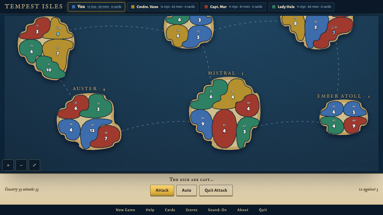 A zoomed-in battle: country 35 attacks country 33, 12 armies against 3