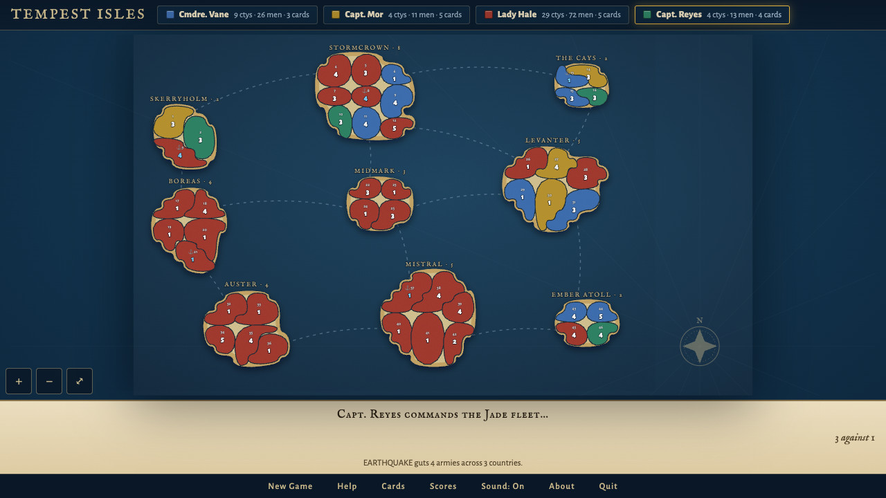 A late-game map where the crimson fleet holds most islands and three rivals cling on