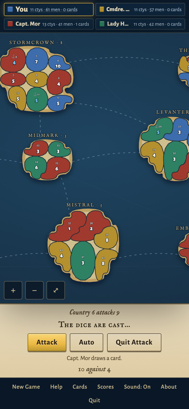 Tempest Isles on a phone, mid-attack with Attack, Auto and Quit Attack buttons