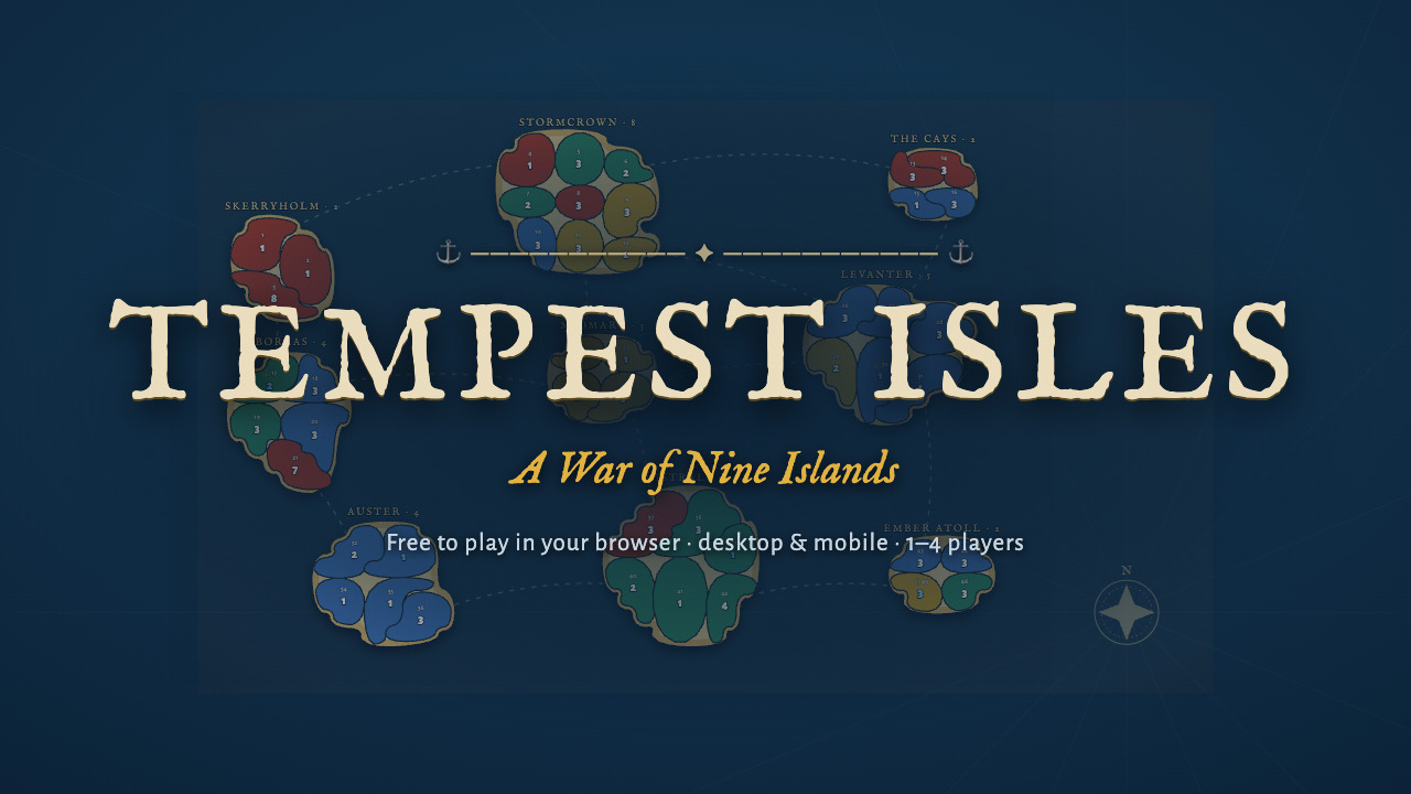 The Tempest Isles title over a map of nine islands held by four colored fleets